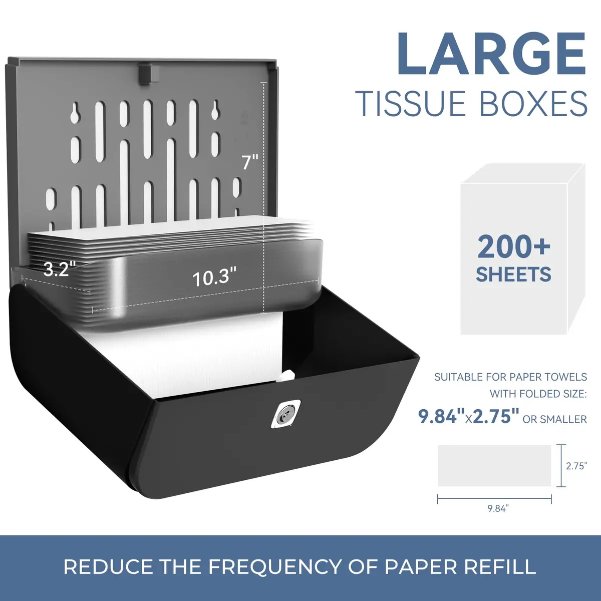 interhasa! Commercial Paper Towel Dispenser Wall Mount 10.7"L x 3.7"W x 8"H | Holds 200 towels, Lockable, Adhesive & Screws - view 2