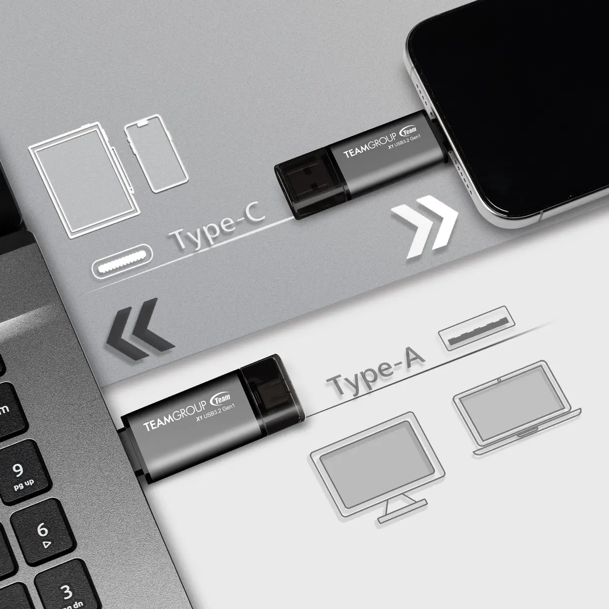 TEAMGROUP X1 64GB USB 3.2 Gen 1 Type-A & Type-C Flash Drive | 100MB/s Read Speed - view 7