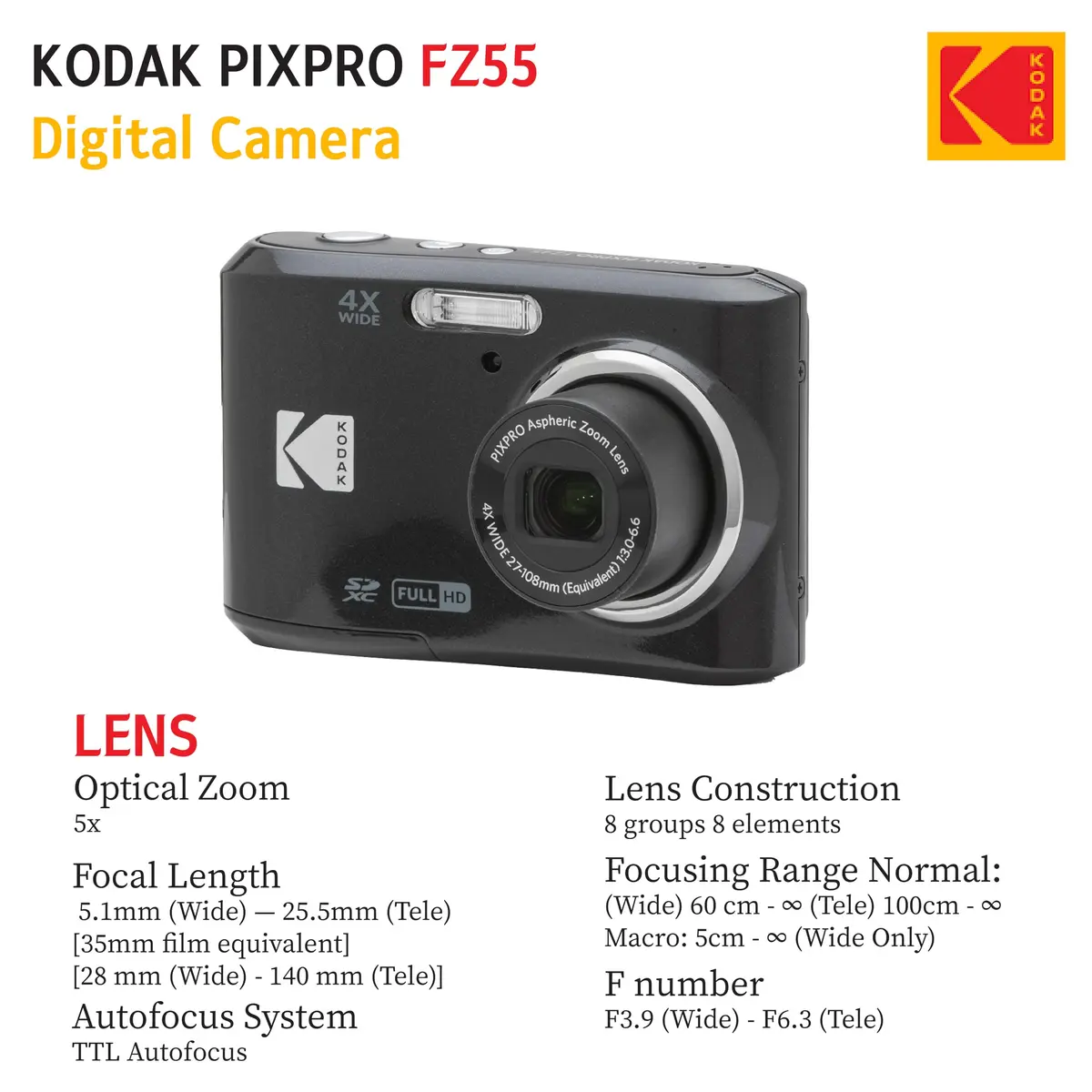 KODAK PIXPRO FZ55 16MP Digital Point & Shoot Camera | 5X Optical Zoom, 28mm Wide Angle, 1080P HD Video, Bundle with 32GB SD Card & Case - view 6