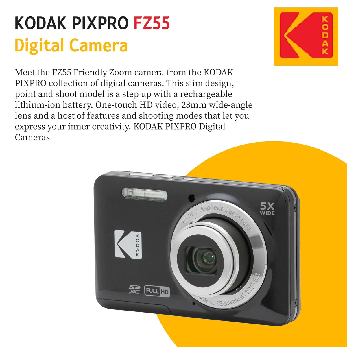 KODAK PIXPRO FZ55 16MP Digital Point & Shoot Camera | 5X Optical Zoom, 28mm Wide Angle, 1080P HD Video, Bundle with 32GB SD Card & Case - view 4