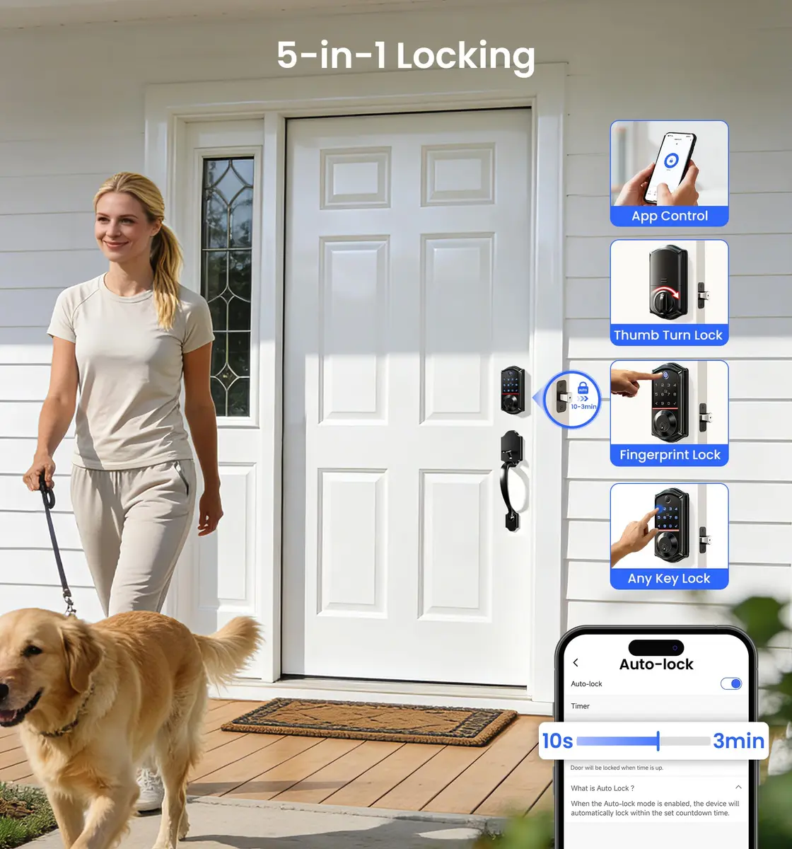 Veise VE017 Fingerprint Smart Door Lock with App Control, Matte Black, 1.02 kg (2.25 lb) - view 7