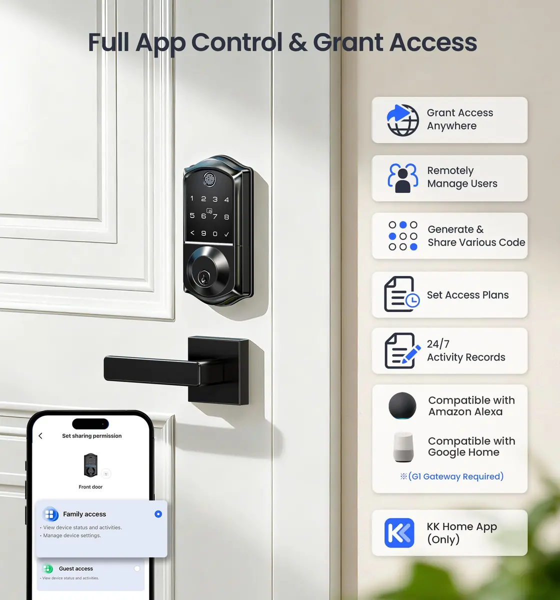 Veise VE017 Fingerprint Smart Door Lock with App Control, Matte Black, 1.02 kg (2.25 lb) - view 2