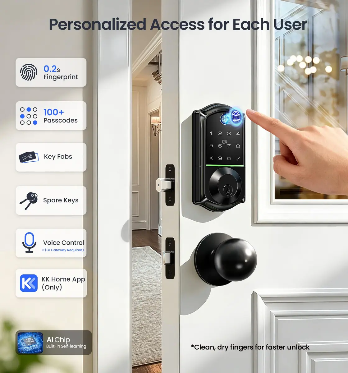 Veise VE017 Fingerprint Smart Door Lock with App Control, Matte Black, 1.02 kg (2.25 lb) - view 3