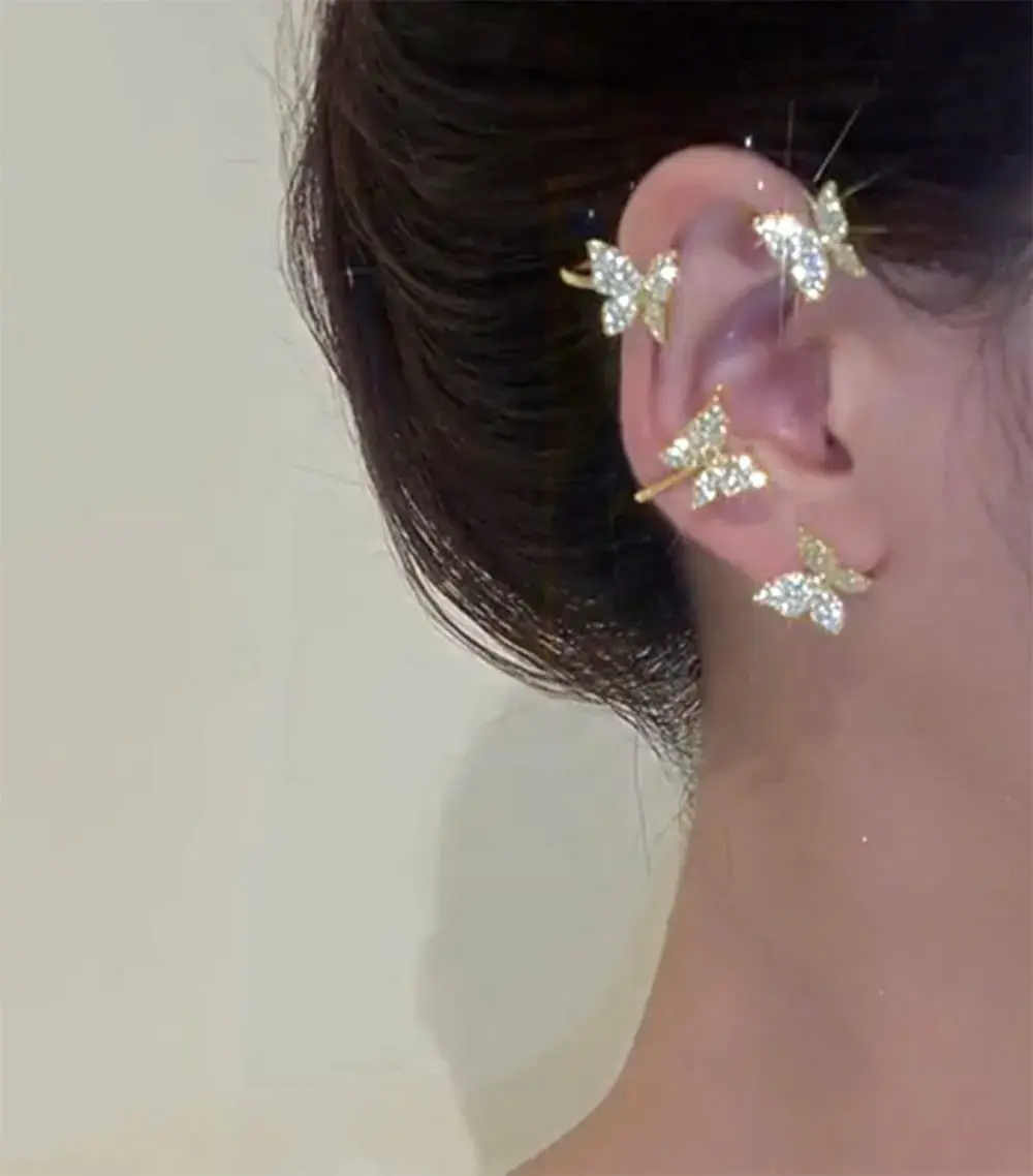 LAKIYOYO Gold 2Pcs Butterfly Ear Cuff Earrings | No Piercing Clip Wrap Around Rhinestone - view 2