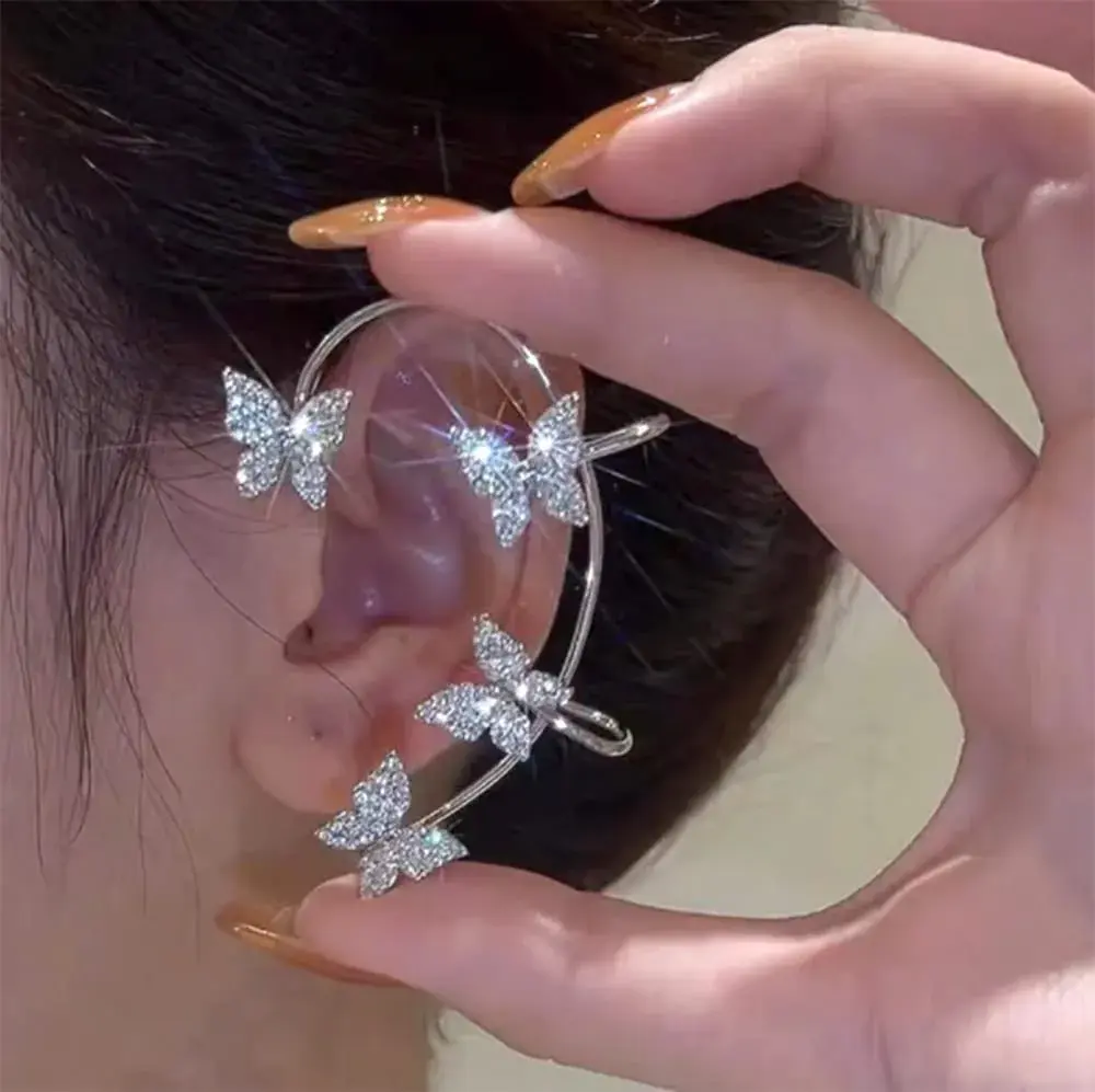 LAKIYOYO Zircon Butterfly Ear Cuff Earrings for Women No Piercing Clip Wrap Around Fake Earrings Ear Crawler Rhinestone Wrap (2Pcs, P Silver) - view 4