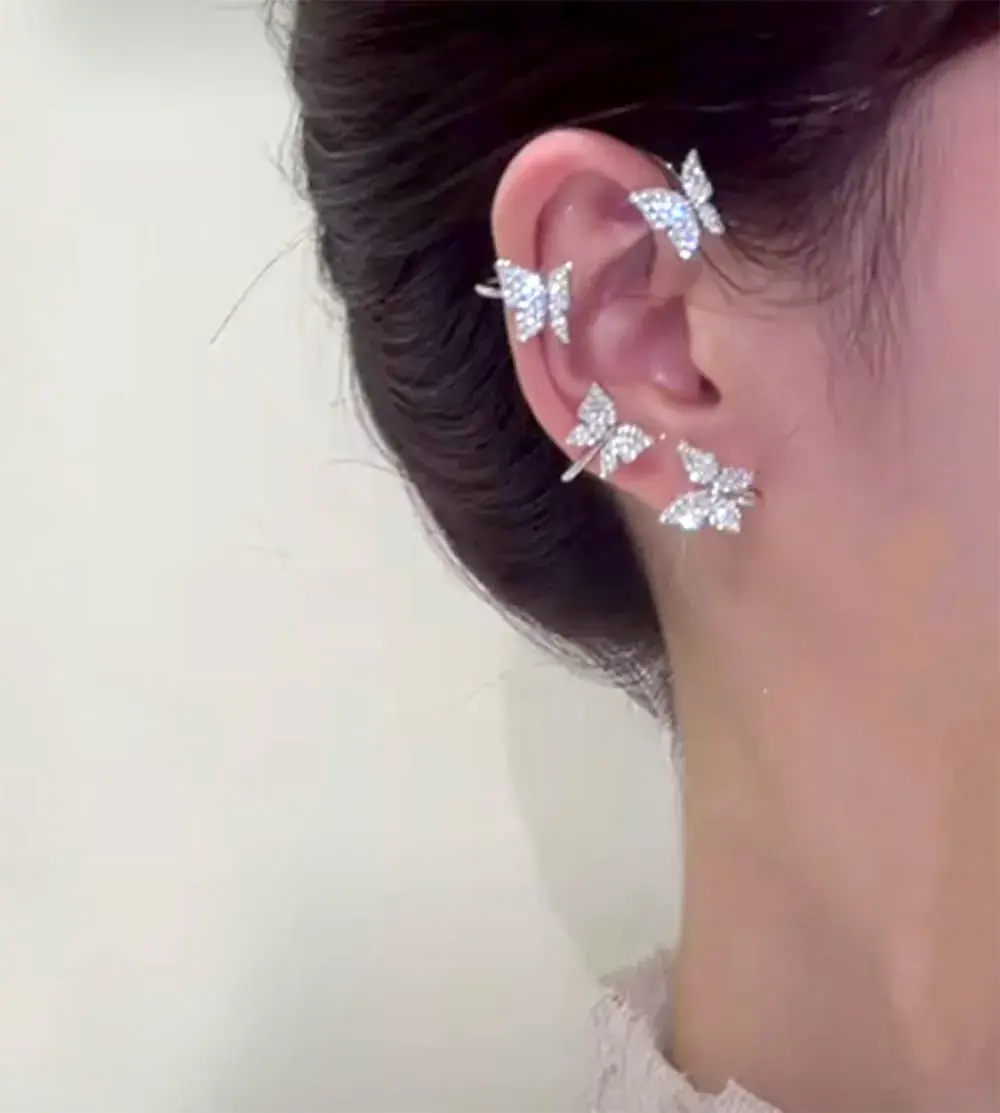 LAKIYOYO Zircon Butterfly Ear Cuff Earrings for Women No Piercing Clip Wrap Around Fake Earrings Ear Crawler Rhinestone Wrap (2Pcs, P Silver) - view 2