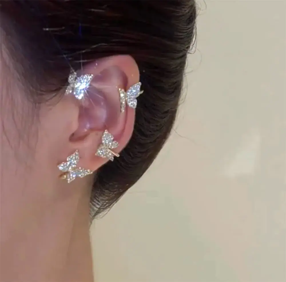 LAKIYOYO Zircon Butterfly Ear Cuff Earrings for Women No Piercing Clip Wrap Around Fake Earrings Ear Crawler Rhinestone Wrap (2Pcs, P Silver) - view 3