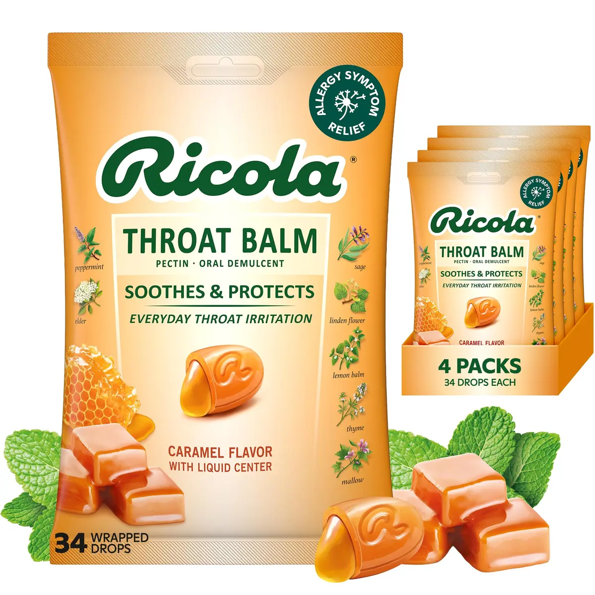 Ricola Throat Balm Caramel Flavor Herbal Throat Drops - 136 Count | Swiss Alpine Herbs & Honey Liquid Center - main product image