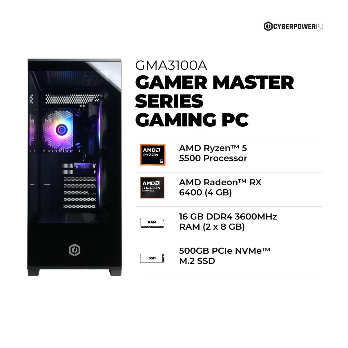 CyberpowerPC Gamer Master Gaming PC AMD Ryzen 5 5500 3.6GHz Radeon RX 6400 4GB 16GB DDR4 500GB SSD | High-Performance Desktop - view 2