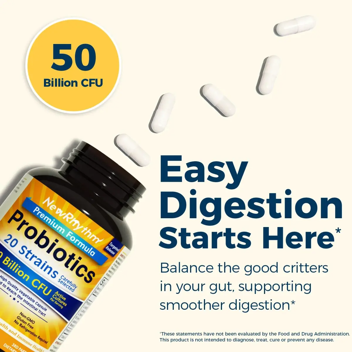 NewRhythm Probiotics 50 Billion CFU 20 Strains 120 Veggie Capsules | Digestive & Immune Health Support - view 2