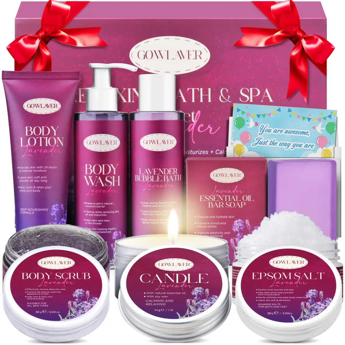 GOWLAVER Relaxing Bath & Spa Gift Set with Lavender Body Wash, Scrub, Lotion, Epsom Salt & Greeting Card | 6-Piece Set - main product image