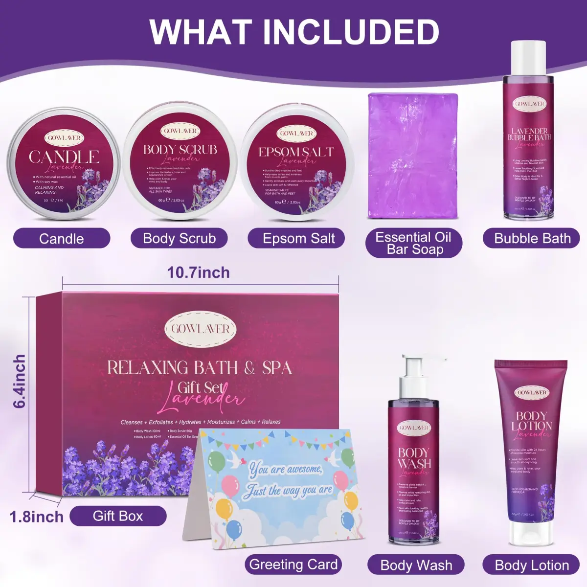 GOWLAVER Relaxing Bath & Spa Gift Set with Lavender Body Wash, Scrub, Lotion, Epsom Salt & Greeting Card | 6-Piece Set - view 5