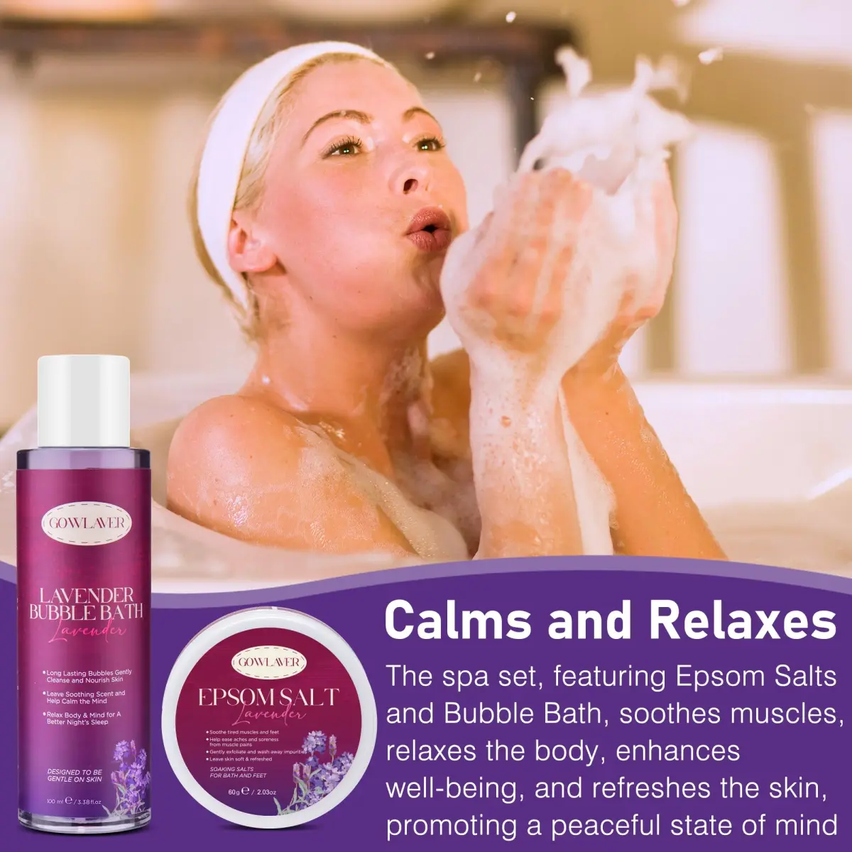 GOWLAVER Relaxing Bath & Spa Gift Set with Lavender Body Wash, Scrub, Lotion, Epsom Salt & Greeting Card | 6-Piece Set - view 6
