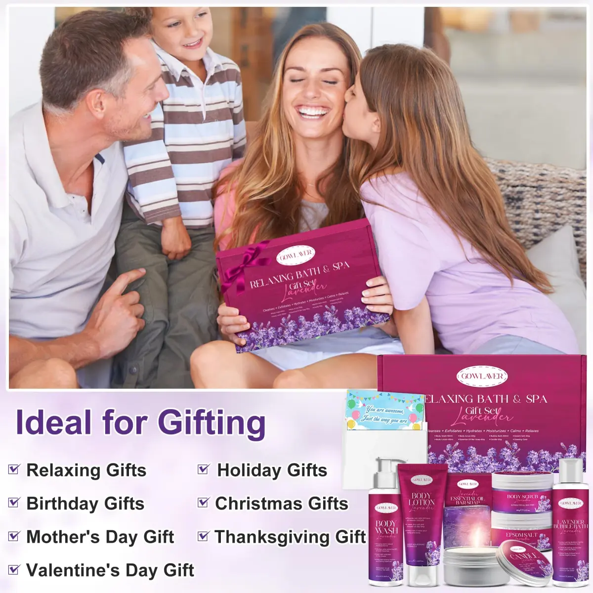 GOWLAVER Relaxing Bath & Spa Gift Set with Lavender Body Wash, Scrub, Lotion, Epsom Salt & Greeting Card | 6-Piece Set - view 2