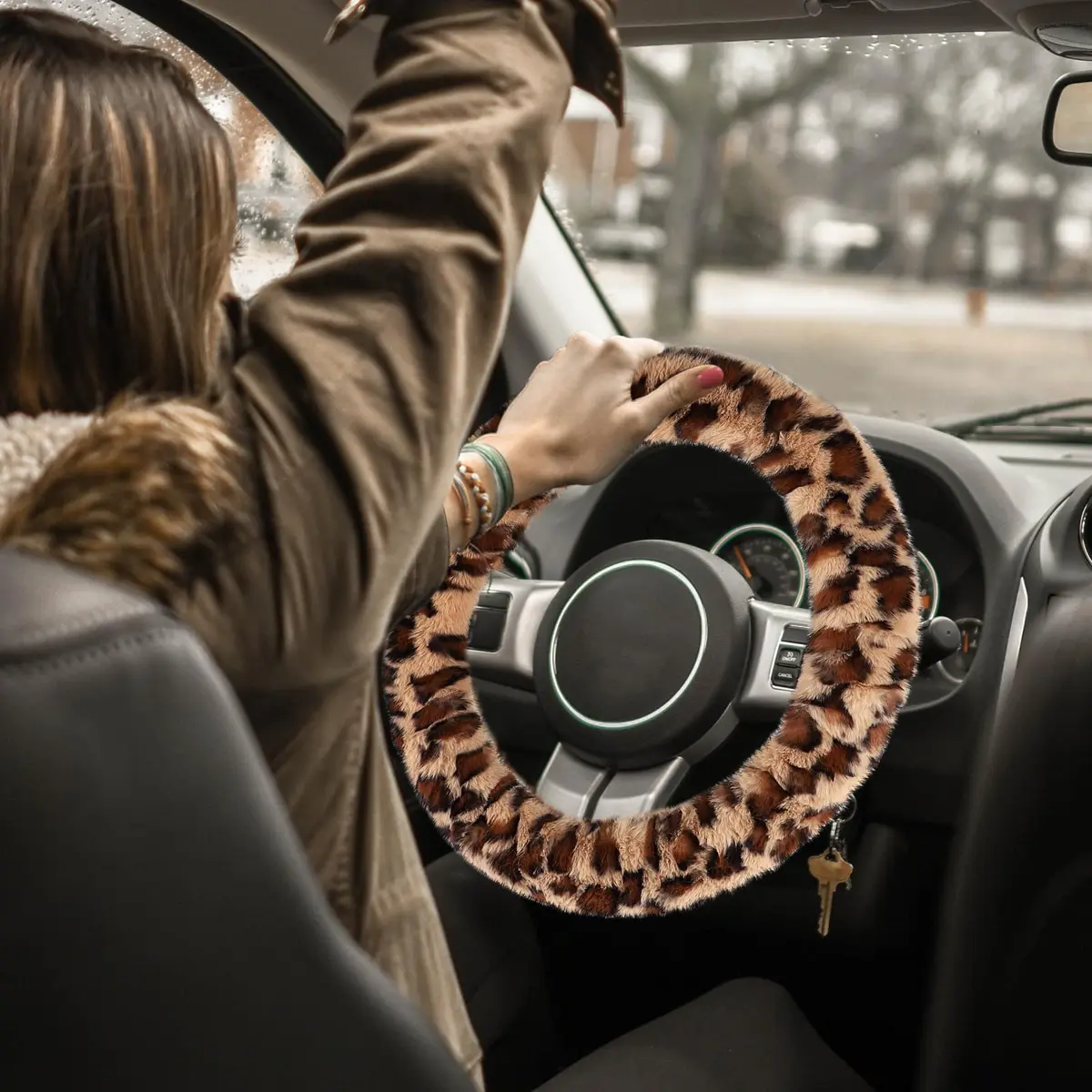Accmor Fuzzy Car Steering Wheel Cover, Brown | Warm Fluffy Auto Wheel Protector for Men Women - view 7