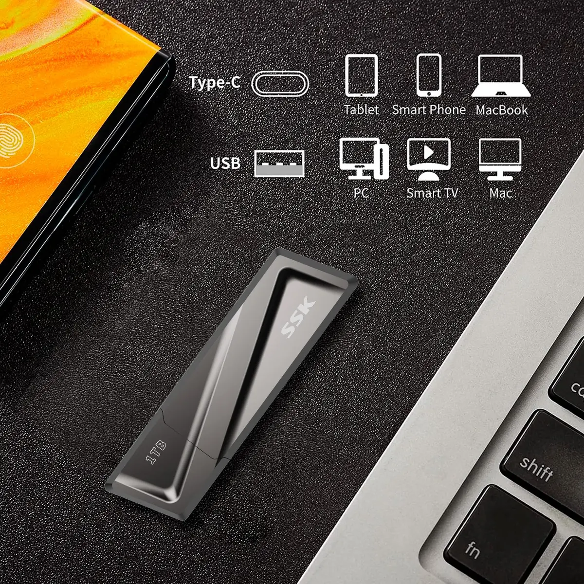 SSK 1TB USB 3.2 Gen2 Flash Drive 1024 GB (1 TB) | Ultra-High-Speed External Solid State Drive with USB-C Adapter - view 4