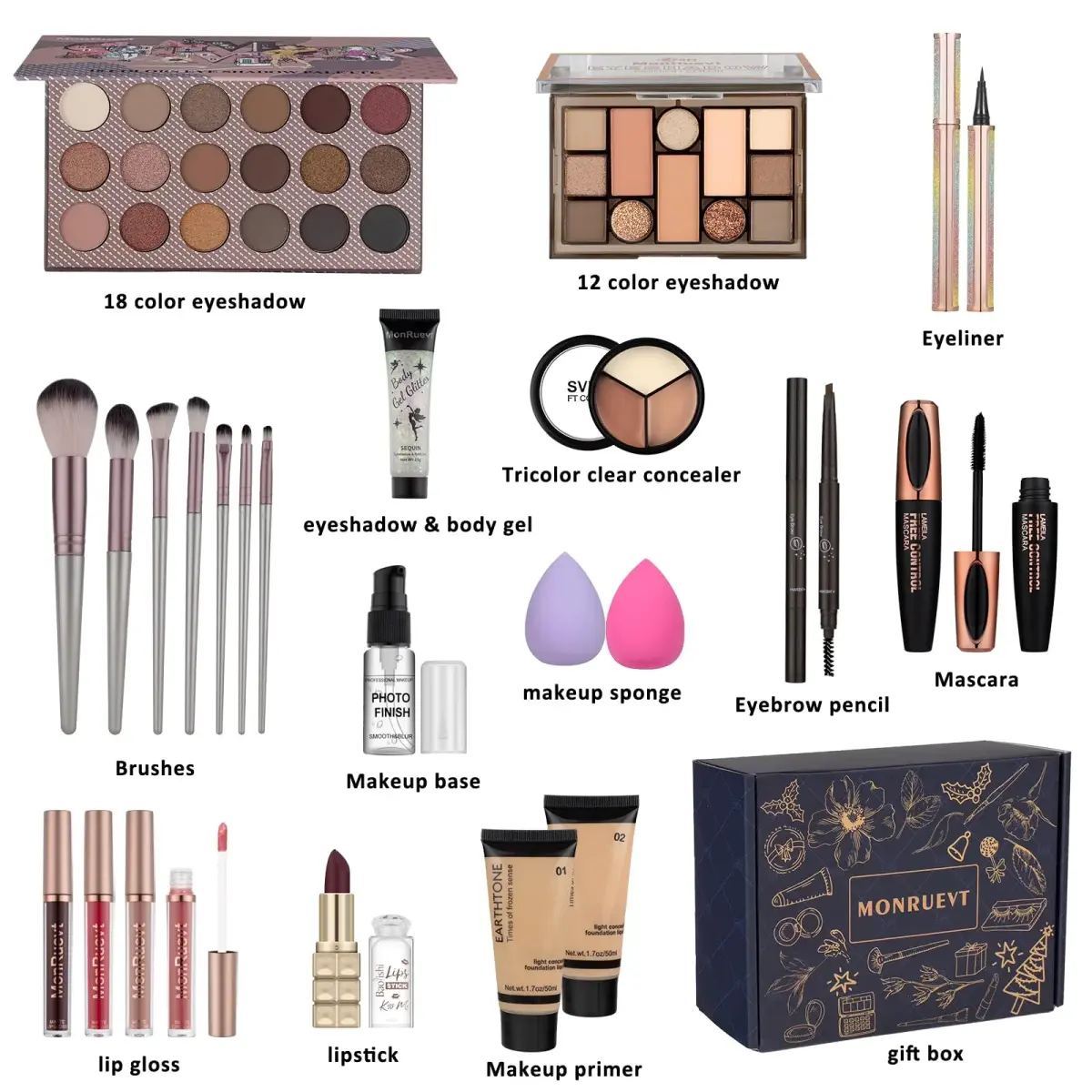 MONRUEVT All-in-One Makeup Kit for Women & Teens | Full Face Essentials with 16-Shade Palette & 8 Brushes - view 2