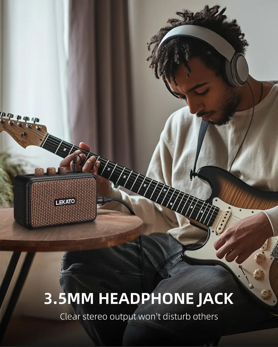 LEKATO Mini Guitar Amplifier 5W Portable Rechargeable Amp with Bluetooth & Headphone Jack | Dual Speakers Brown - view 4