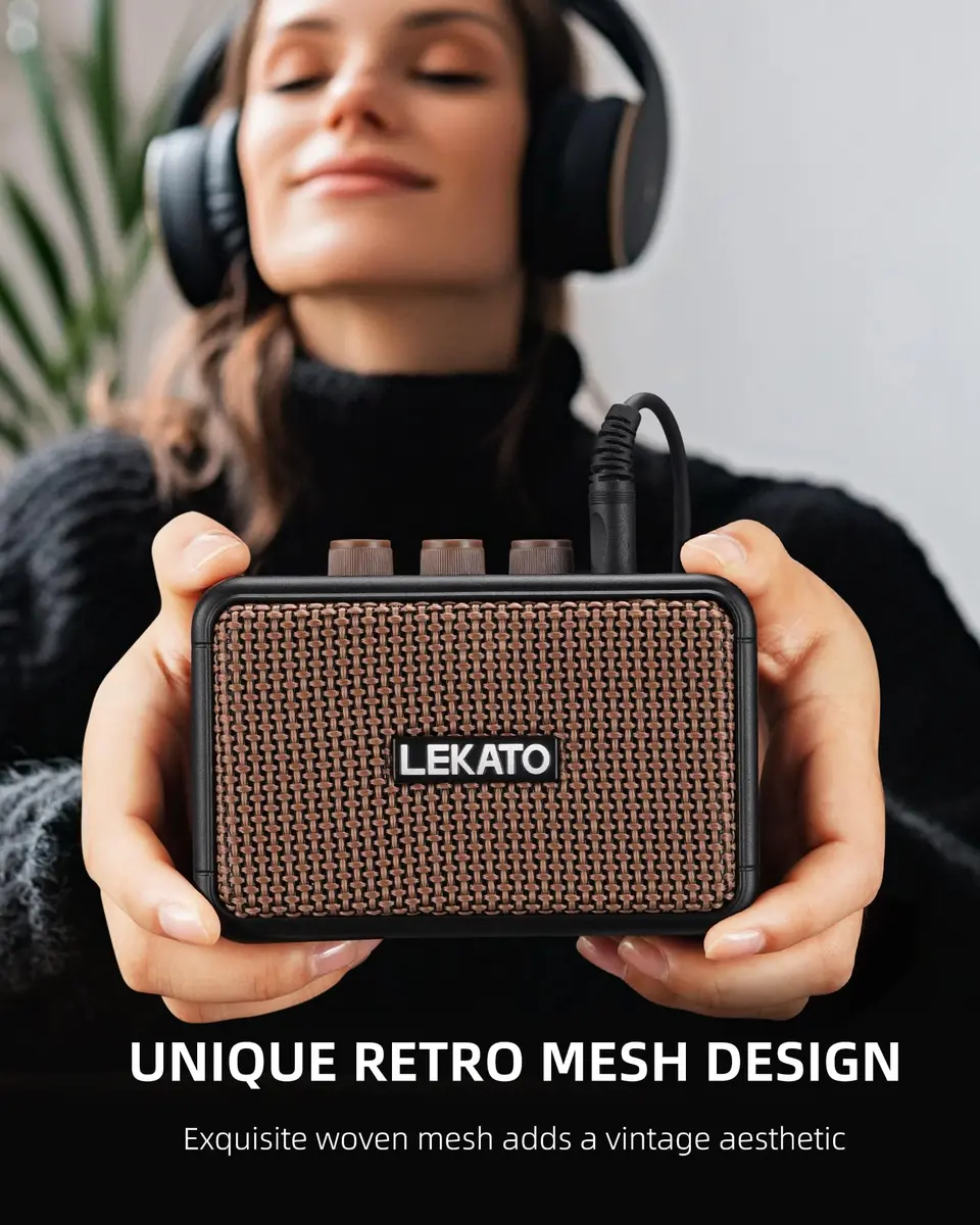LEKATO Mini Guitar Amplifier 5W Portable Rechargeable Amp with Bluetooth & Headphone Jack | Dual Speakers Brown - view 5