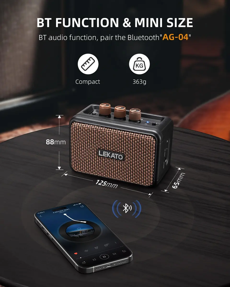 LEKATO Mini Guitar Amplifier 5W Portable Rechargeable Amp with Bluetooth & Headphone Jack | Dual Speakers Brown - view 6
