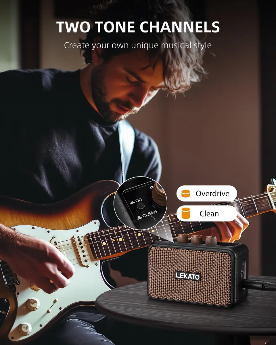 LEKATO Mini Guitar Amplifier 5W Portable Rechargeable Amp with Bluetooth & Headphone Jack | Dual Speakers Brown - view 2