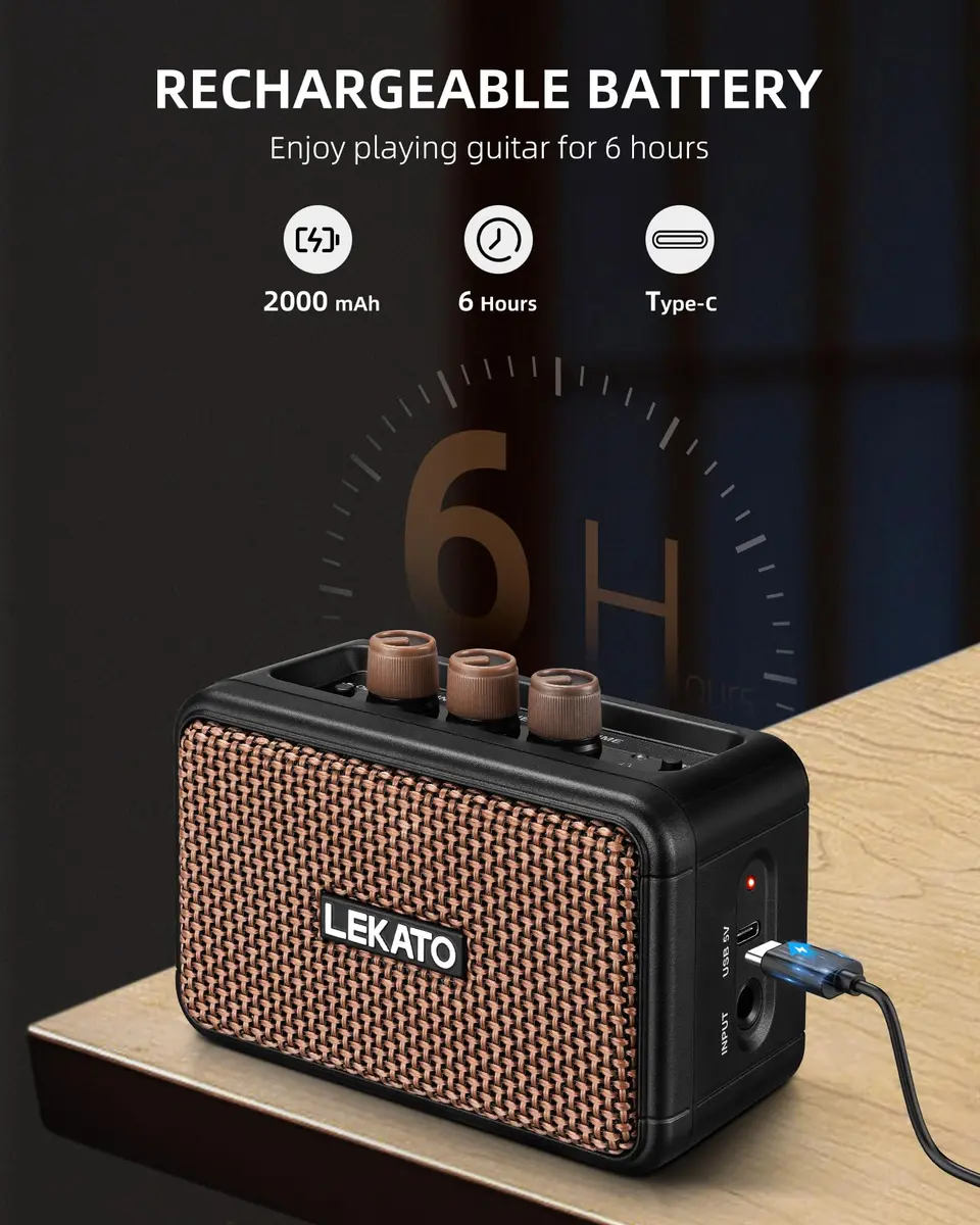 LEKATO Mini Guitar Amplifier 5W Portable Rechargeable Amp with Bluetooth & Headphone Jack | Dual Speakers Brown - view 3