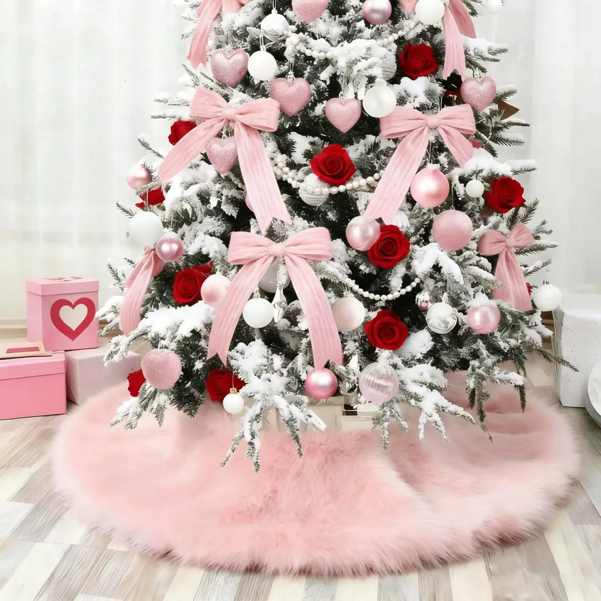 yuboo Light Pink Faux Fur Tree Skirt 91cm (36 inch) | Soft Fluffy Christmas Decor for 5-6 Ft Slim Trees - main product image