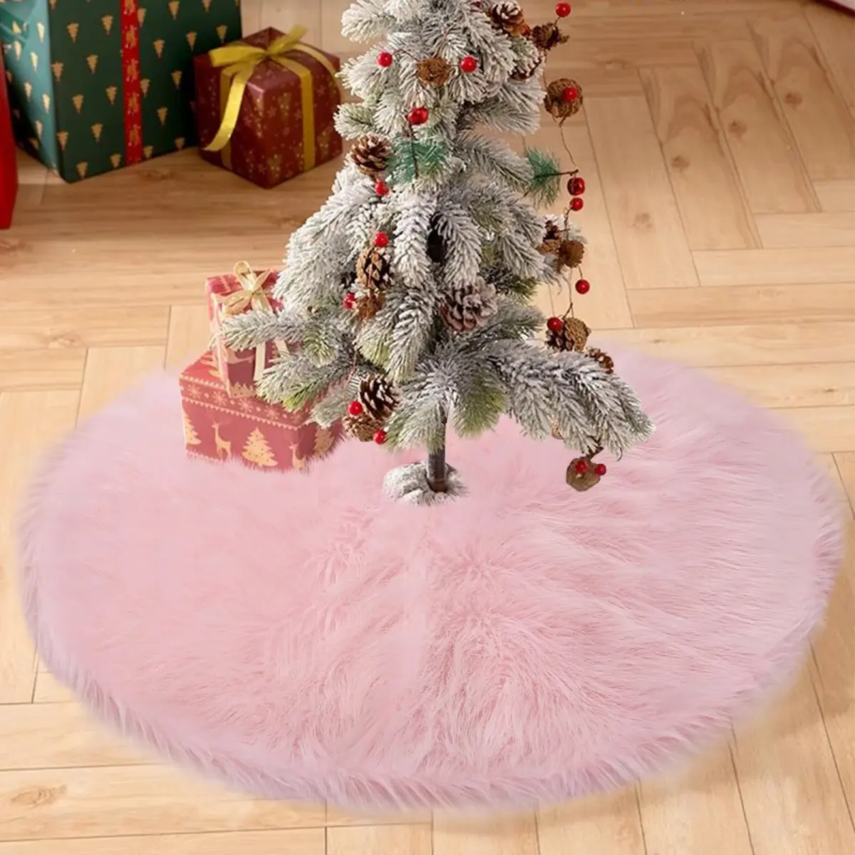 yuboo Light Pink Faux Fur Tree Skirt 91cm (36 inch) | Soft Fluffy Christmas Decor for 5-6 Ft Slim Trees - view 6