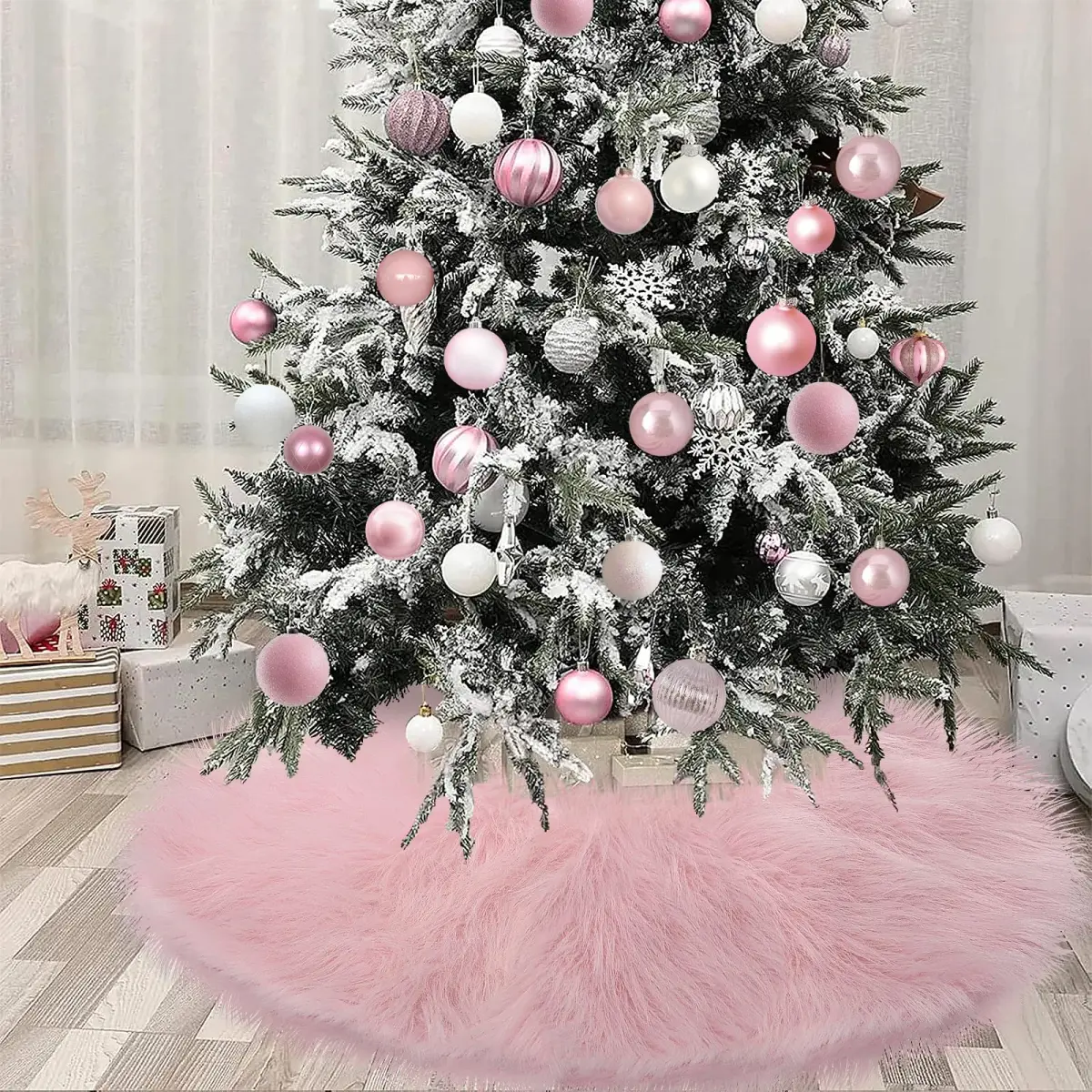 yuboo Light Pink Faux Fur Tree Skirt 91cm (36 inch) | Soft Fluffy Christmas Decor for 5-6 Ft Slim Trees - view 8
