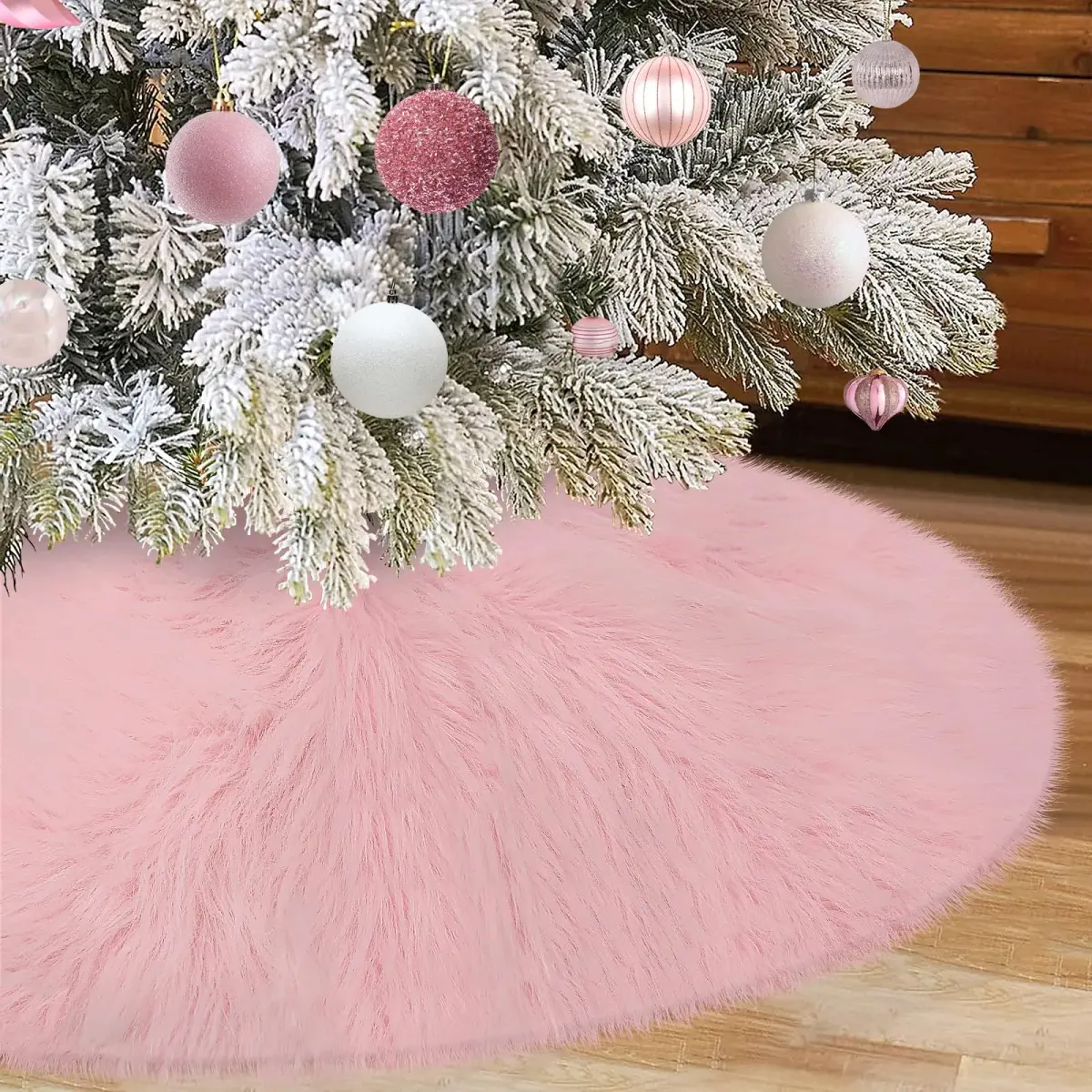 yuboo Light Pink Faux Fur Tree Skirt 91cm (36 inch) | Soft Fluffy Christmas Decor for 5-6 Ft Slim Trees - view 2