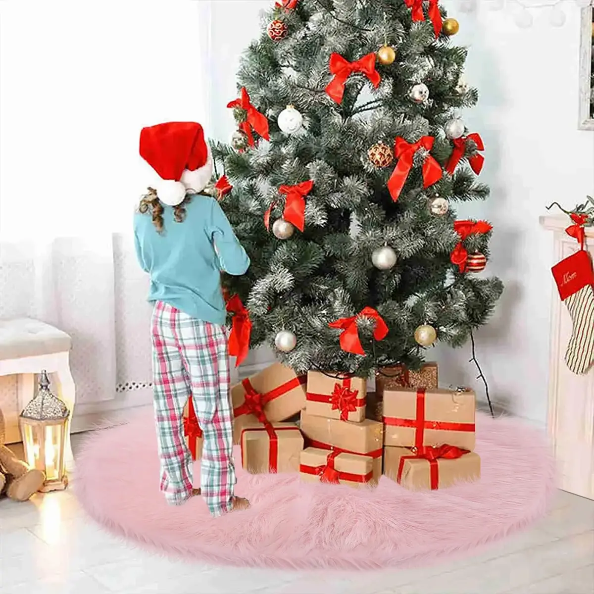 yuboo Light Pink Fur Tree Skirt 48 inch (122cm) | Pastel Pink Mother's Day Decorations for Artificial Trees 6-7 Ft - view 5