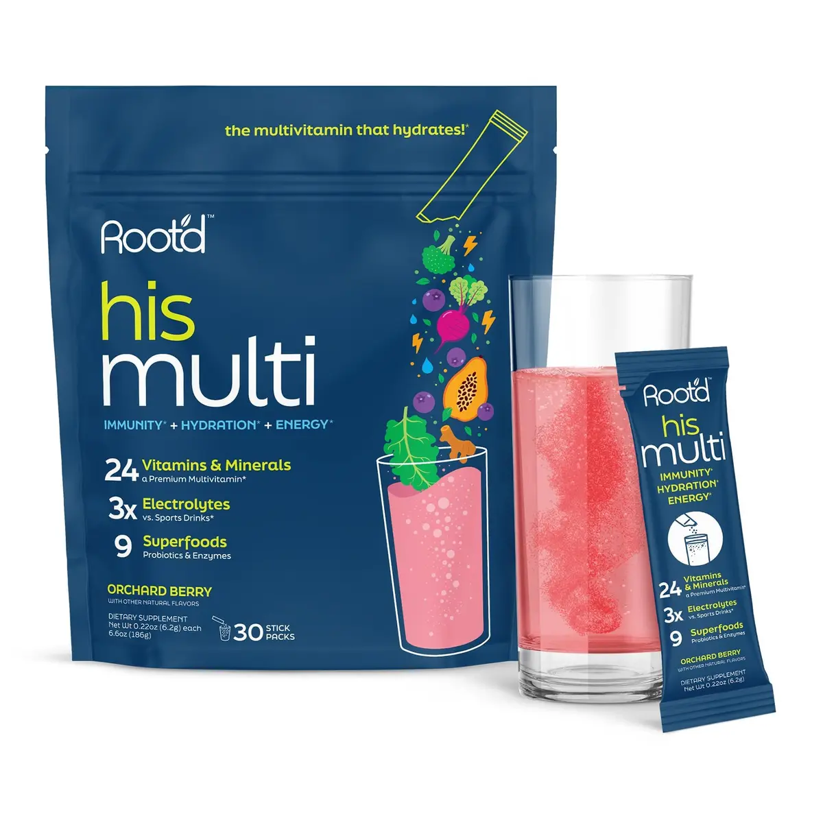 Root'd Multivitamin Powder for Men - 24 Vitamins & Minerals | 30 Count, Orchard Berry, Hydrating & Easy to Mix - main product image