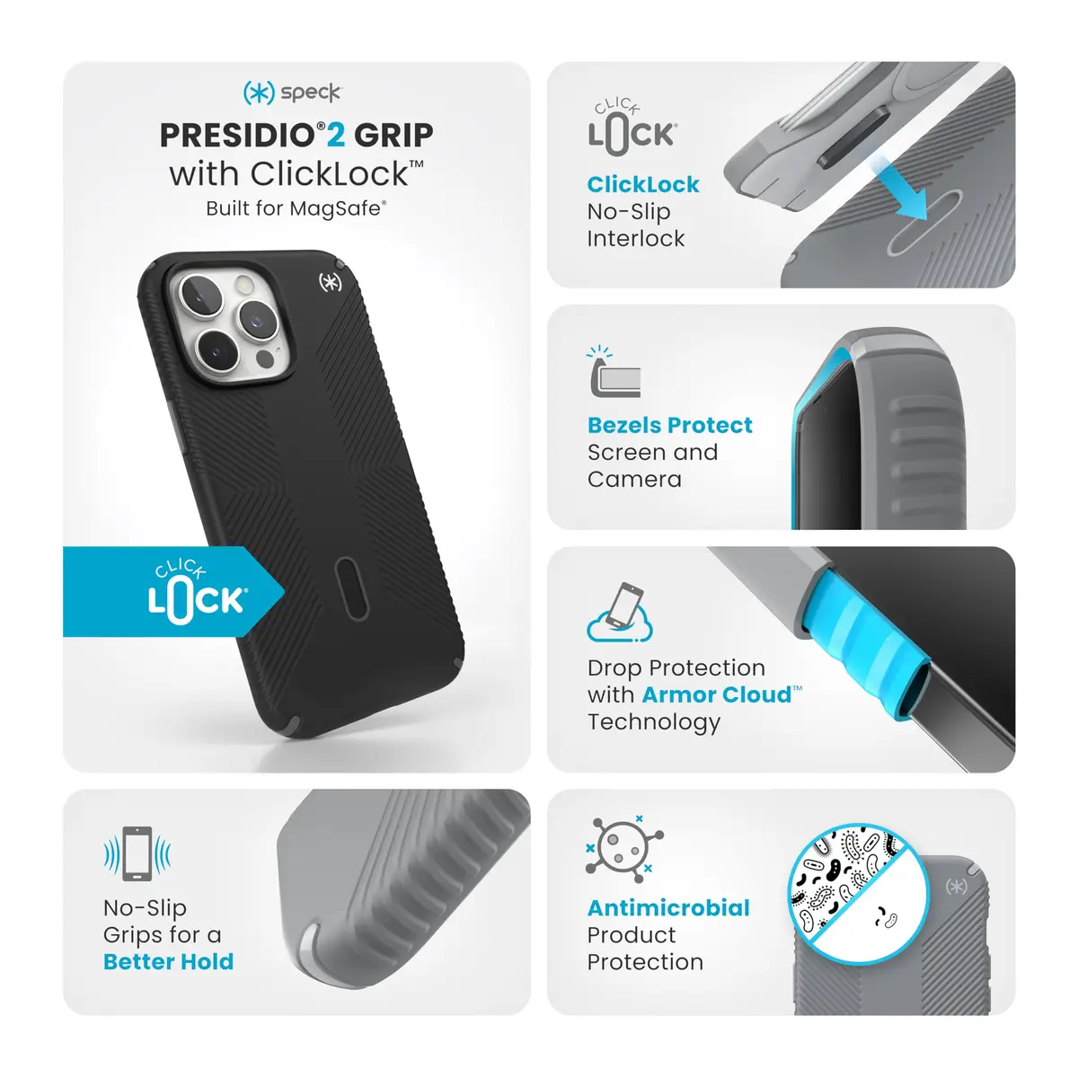 Speck Presidio 2 Grip iPhone 16 Pro Max Case - MagSafe & ClickLock Slim Black/Slate - view 2