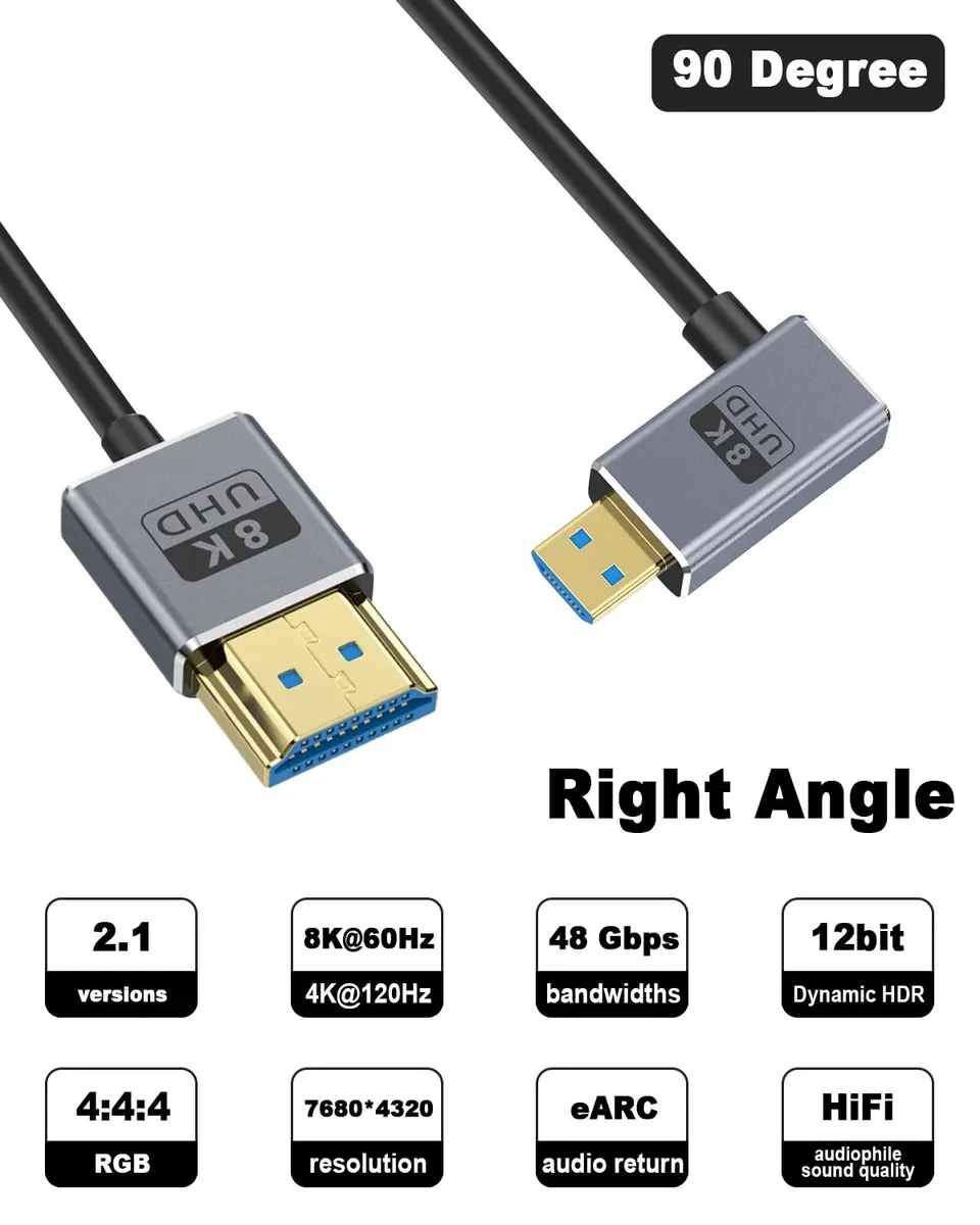 Duttek 8K Micro HDMI to HDMI Cable 30cm (1FT) | Right Angle Micro HDMI Male to HDMI Male Adapter Cable - view 2