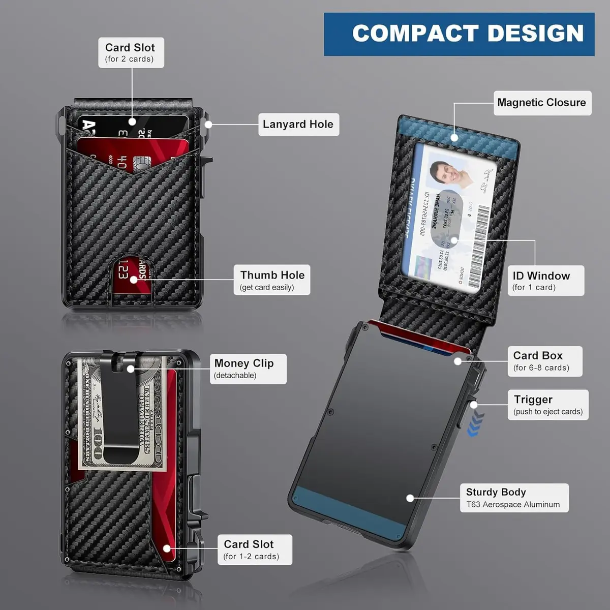 ZALVEX Minimalist RFID Blocking Pop-Up Wallet for Men, Carbon Fiber & Aluminum, 12+ Cards Capacity - view 5