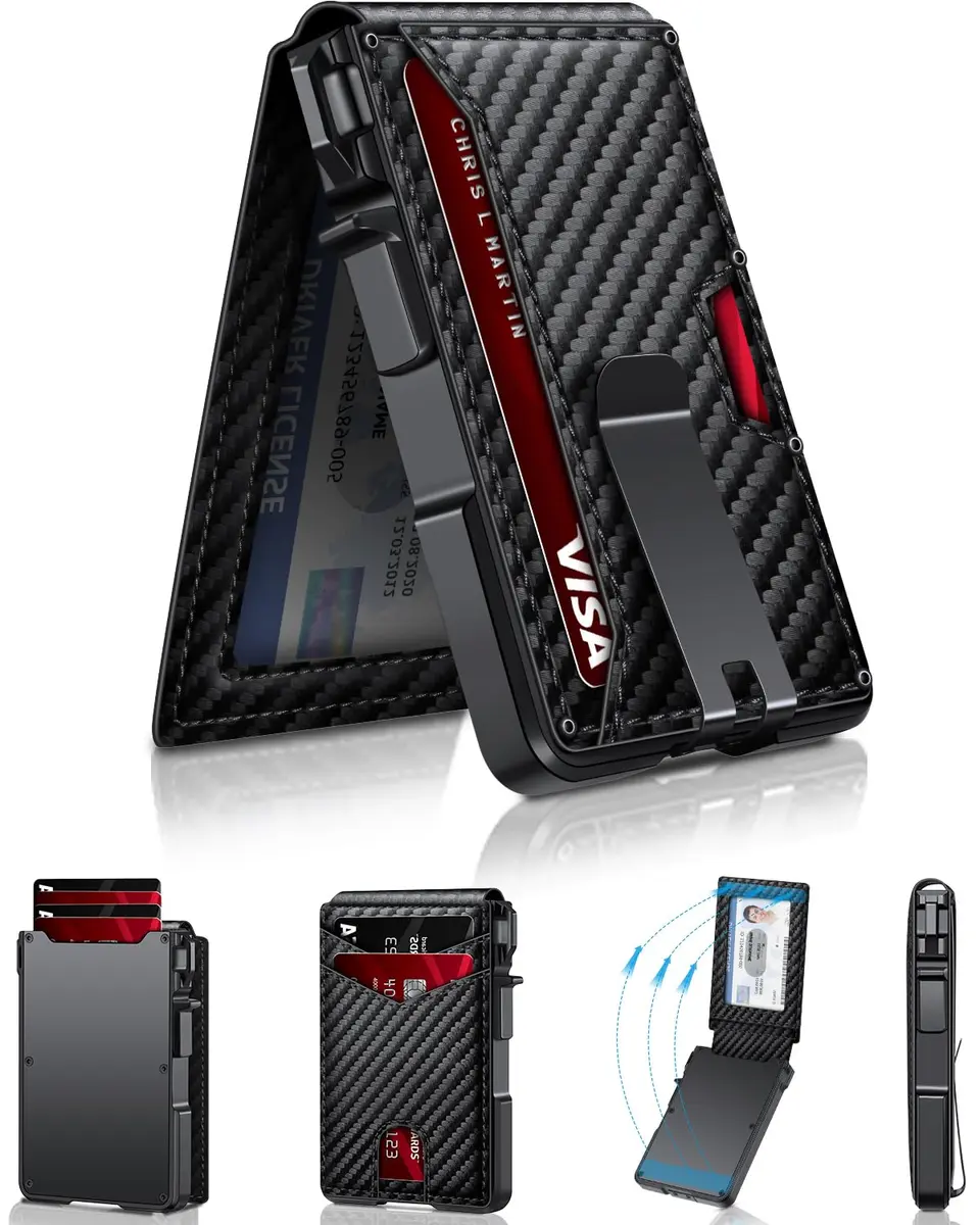 ZALVEX Minimalist RFID Blocking Pop-Up Wallet for Men, Carbon Fiber & Aluminum, 12+ Cards Capacity - main product image