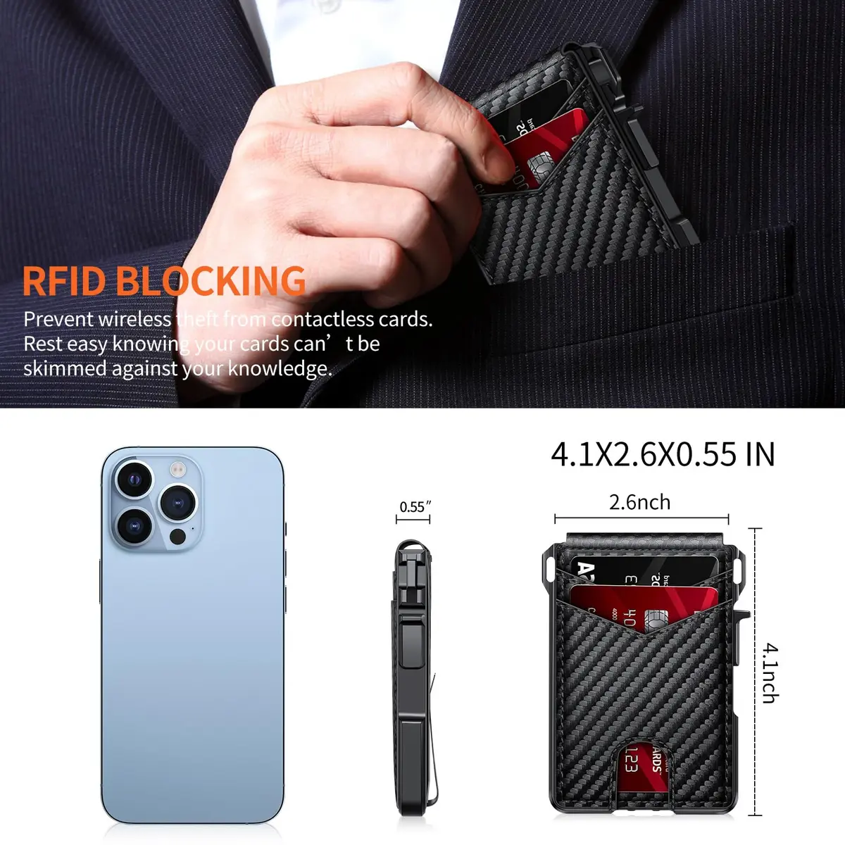 ZALVEX Minimalist RFID Blocking Pop-Up Wallet for Men, Carbon Fiber & Aluminum, 12+ Cards Capacity - view 7