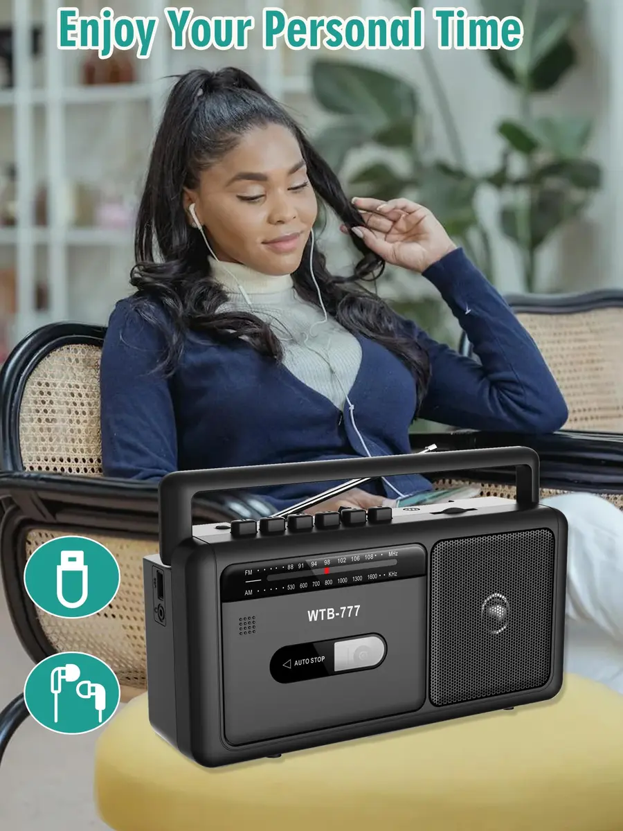 WIITHINK WTB-777 Portable Cassette Player Boombox with Bluetooth, USB, Recorder & AM/FM Radio | 9.8 x 3 x 5.1 inches - view 5