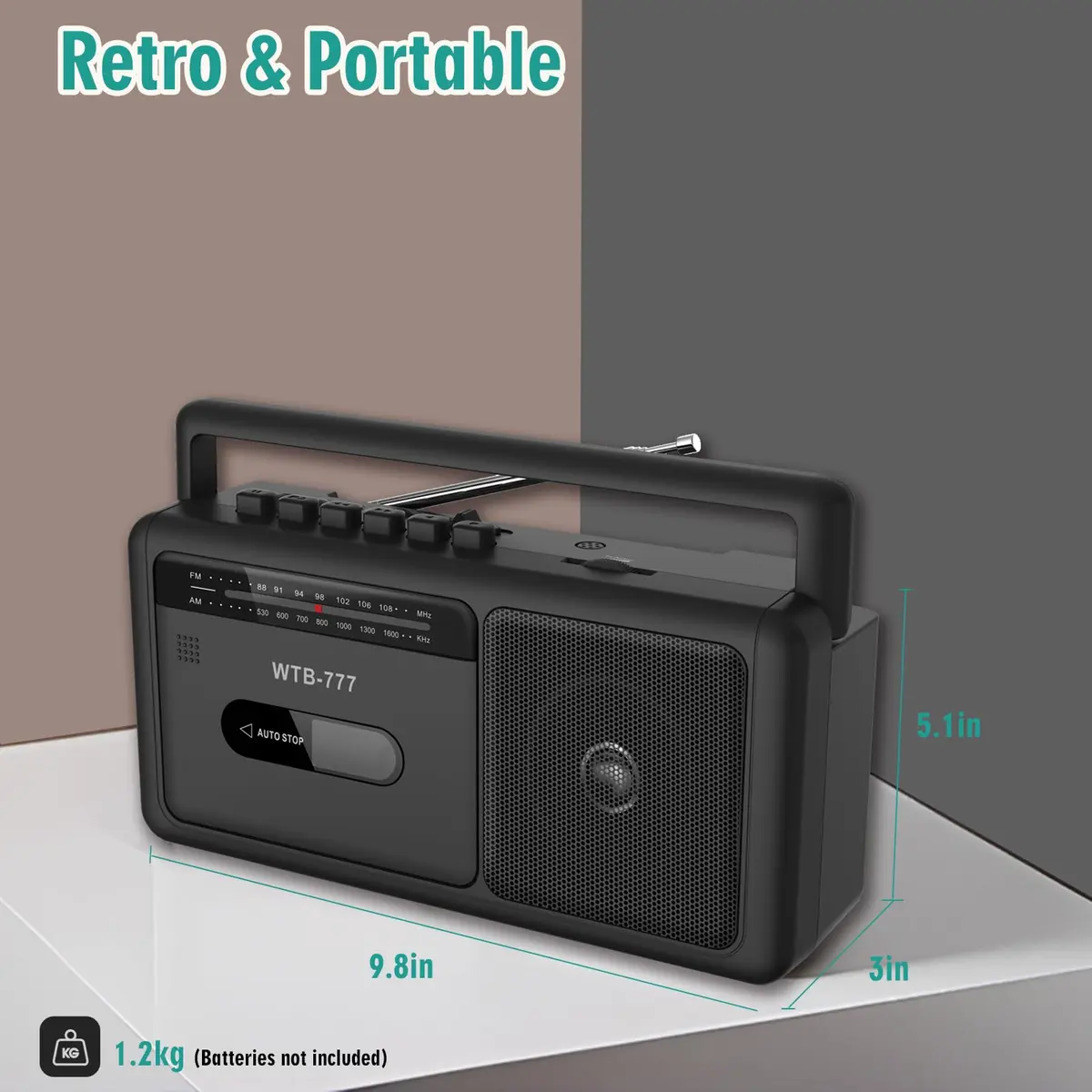 WIITHINK WTB-777 Portable Cassette Player Boombox with Bluetooth, USB, Recorder & AM/FM Radio | 9.8 x 3 x 5.1 inches - view 7