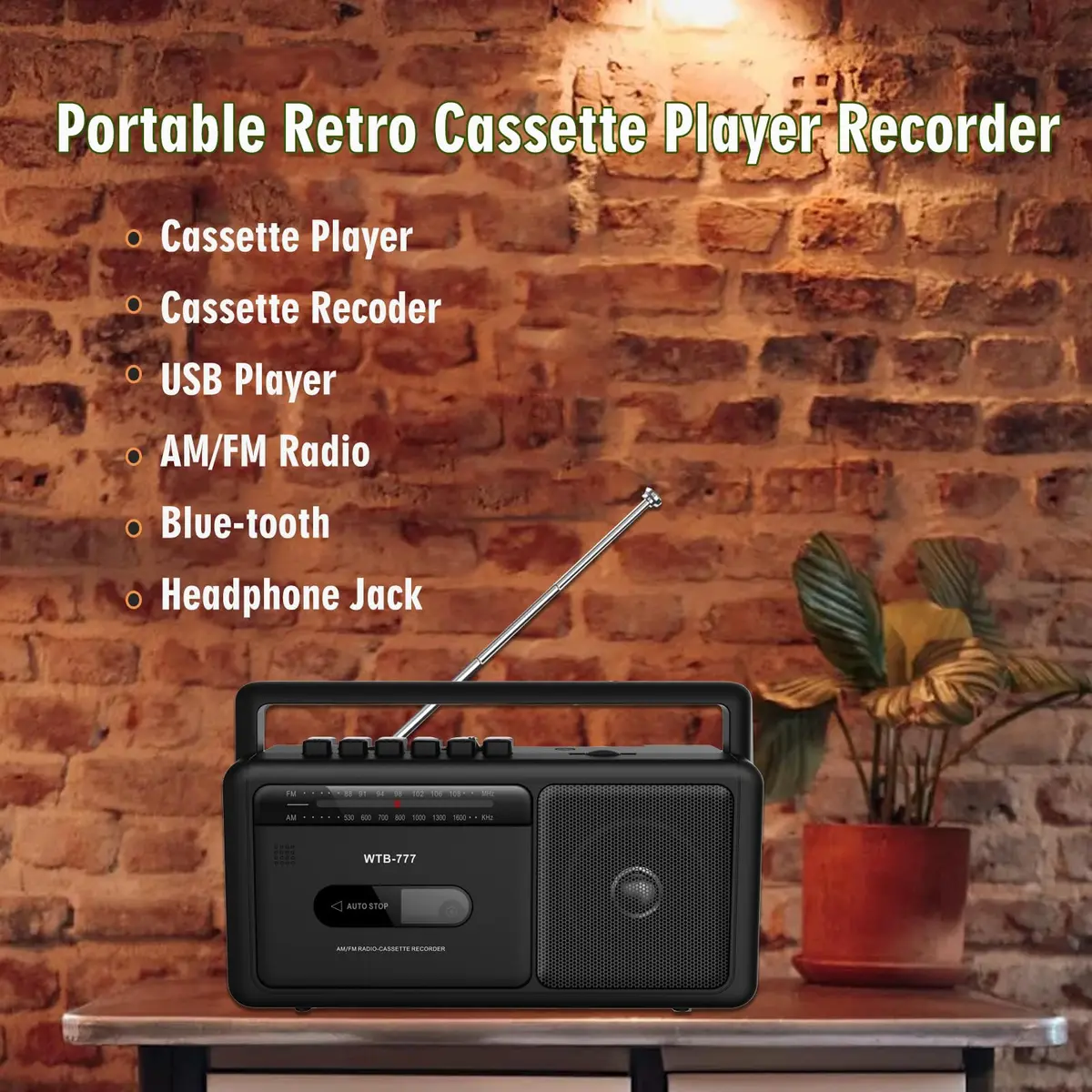 WIITHINK WTB-777 Portable Cassette Player Boombox with Bluetooth, USB, Recorder & AM/FM Radio | 9.8 x 3 x 5.1 inches - view 2