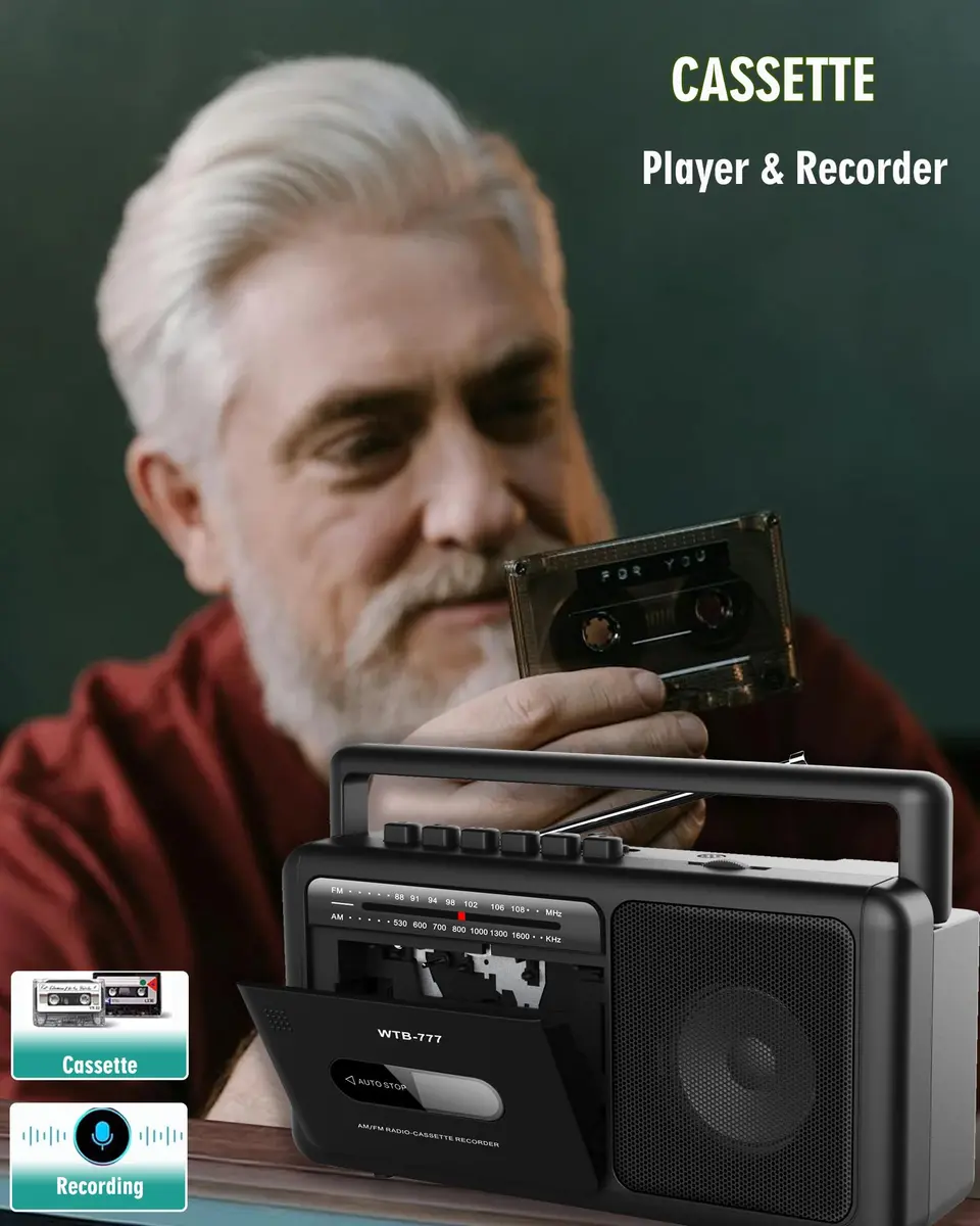 WIITHINK WTB-777 Portable Cassette Player Boombox with Bluetooth, USB, Recorder & AM/FM Radio | 9.8 x 3 x 5.1 inches - view 3
