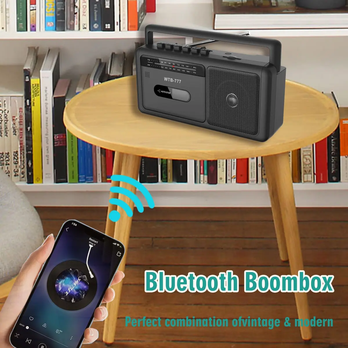 WIITHINK WTB-777 Portable Cassette Player Boombox with Bluetooth, USB, Recorder & AM/FM Radio | 9.8 x 3 x 5.1 inches - view 4