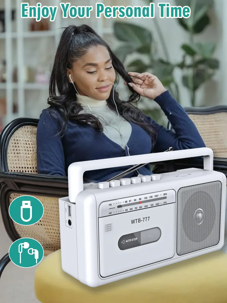 WIITHINK Cassette Tape Player and Recorder Boombox with Bluetooth, AM/FM Radio, USB, White | Portable Retro Audio Player - view 5