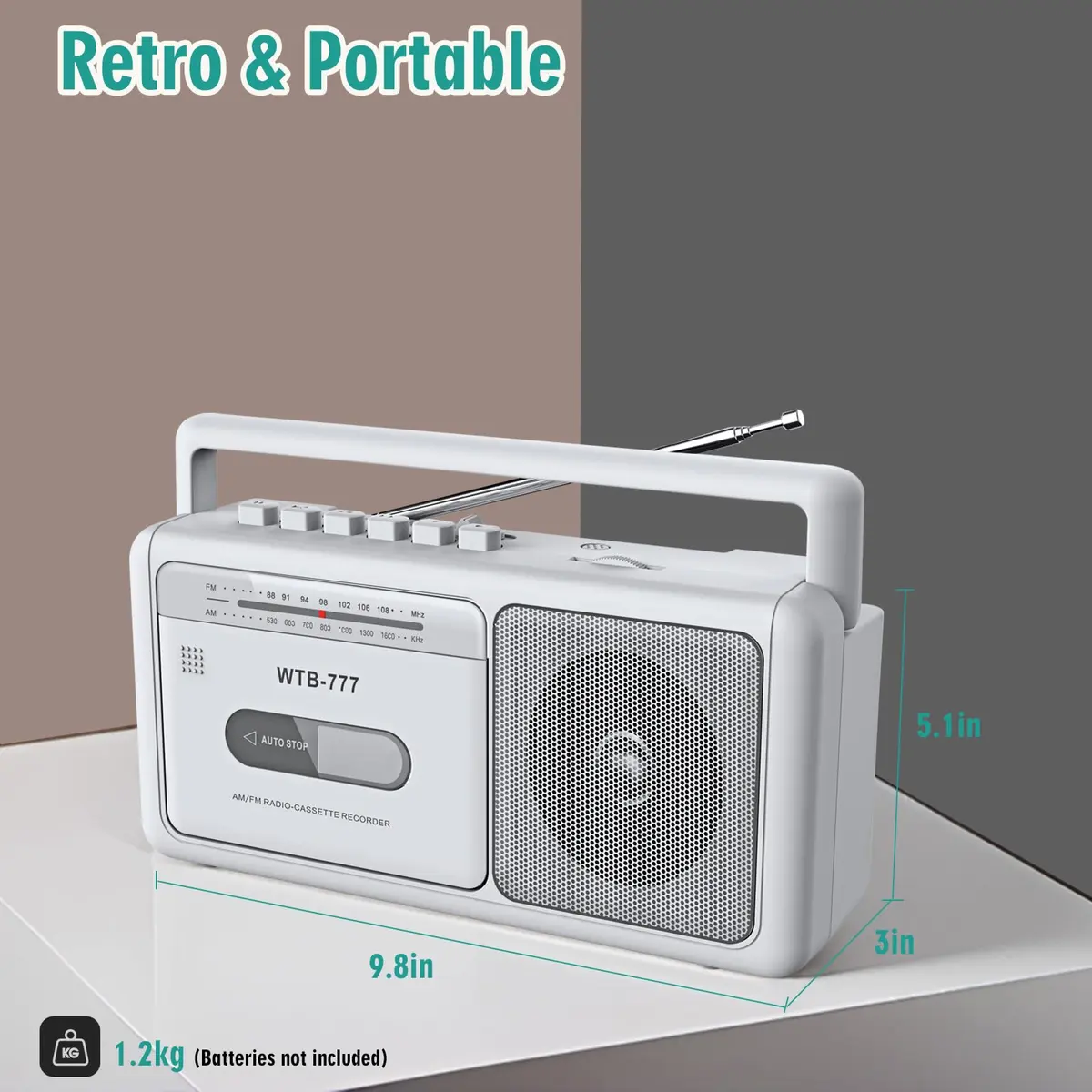 WIITHINK Cassette Tape Player and Recorder Boombox with Bluetooth, AM/FM Radio, USB, White | Portable Retro Audio Player - view 7
