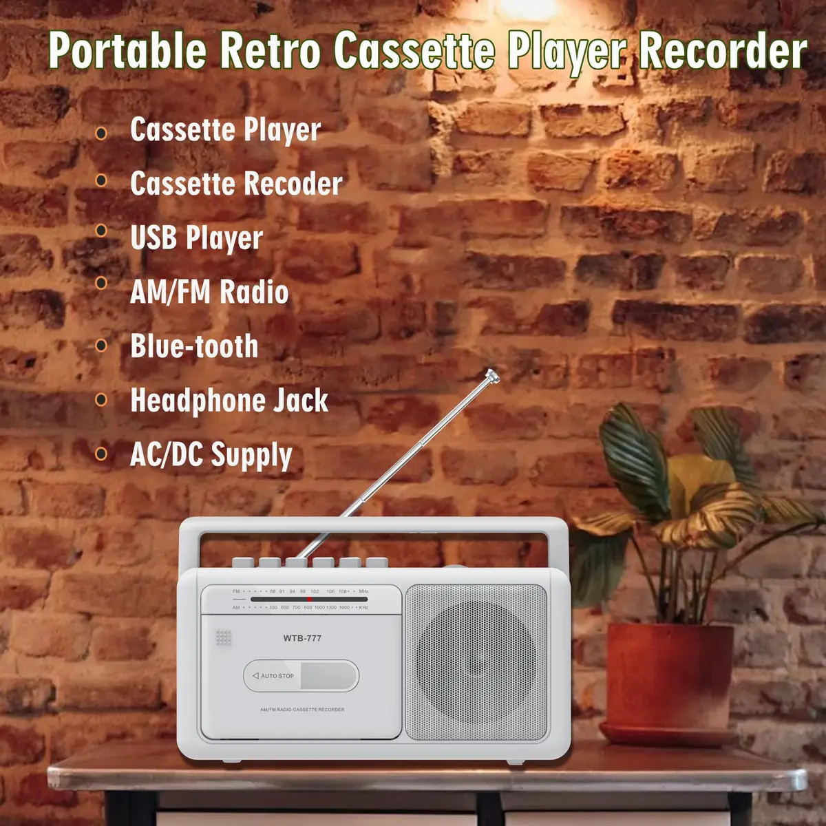 WIITHINK Cassette Tape Player and Recorder Boombox with Bluetooth, AM/FM Radio, USB, White | Portable Retro Audio Player - view 2