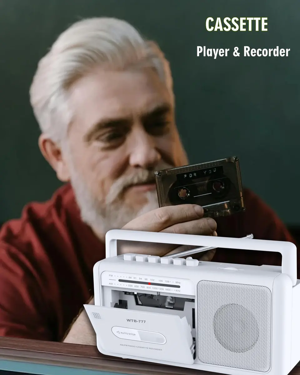 WIITHINK Cassette Tape Player and Recorder Boombox with Bluetooth, AM/FM Radio, USB, White | Portable Retro Audio Player - view 3