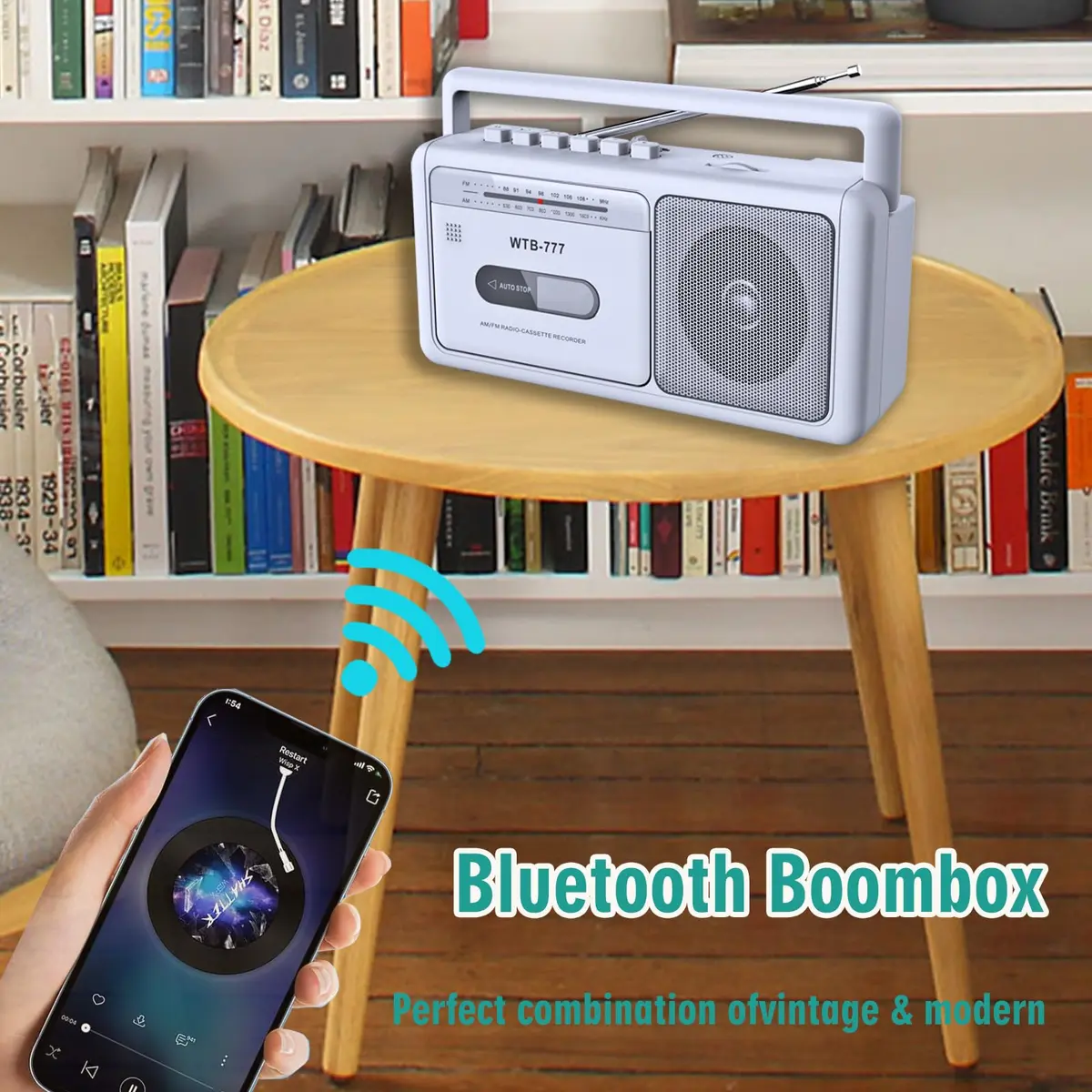 WIITHINK Cassette Tape Player and Recorder Boombox with Bluetooth, AM/FM Radio, USB, White | Portable Retro Audio Player - view 4