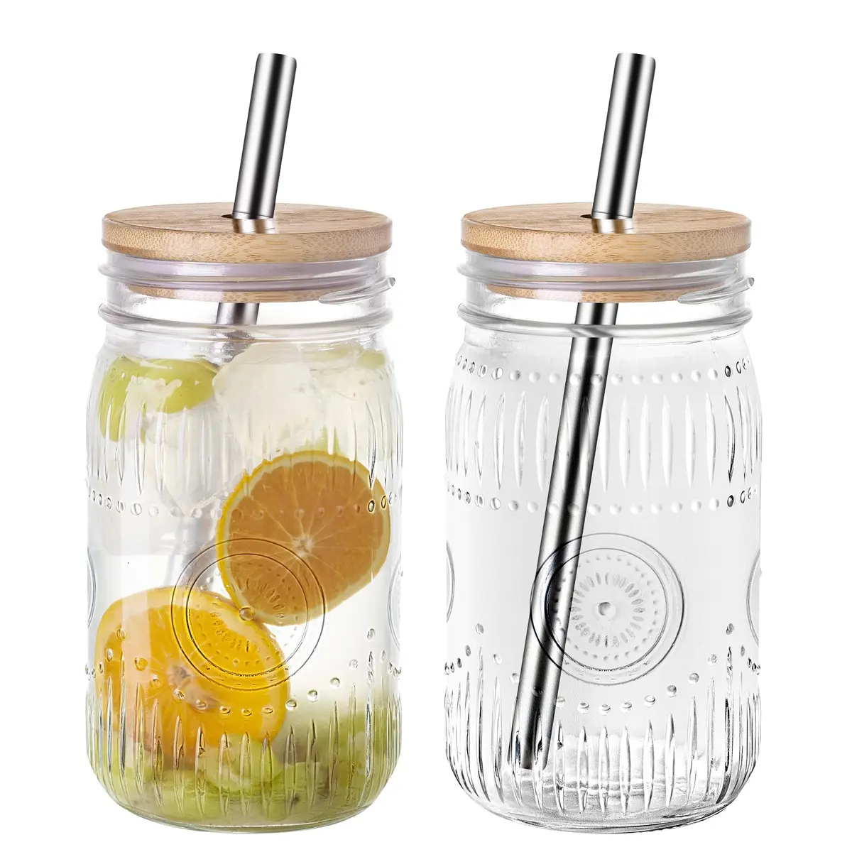 Amzcku 32oz Mason Jars with Bamboo Lids & Steel Straws | Vintage Wide Mouth Quart Cups - main product image