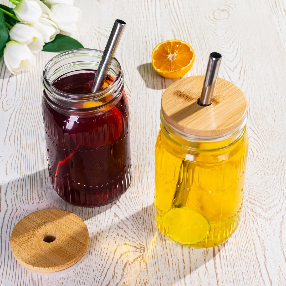 Amzcku 32oz Mason Jars with Bamboo Lids & Steel Straws | Vintage Wide Mouth Quart Cups - view 5