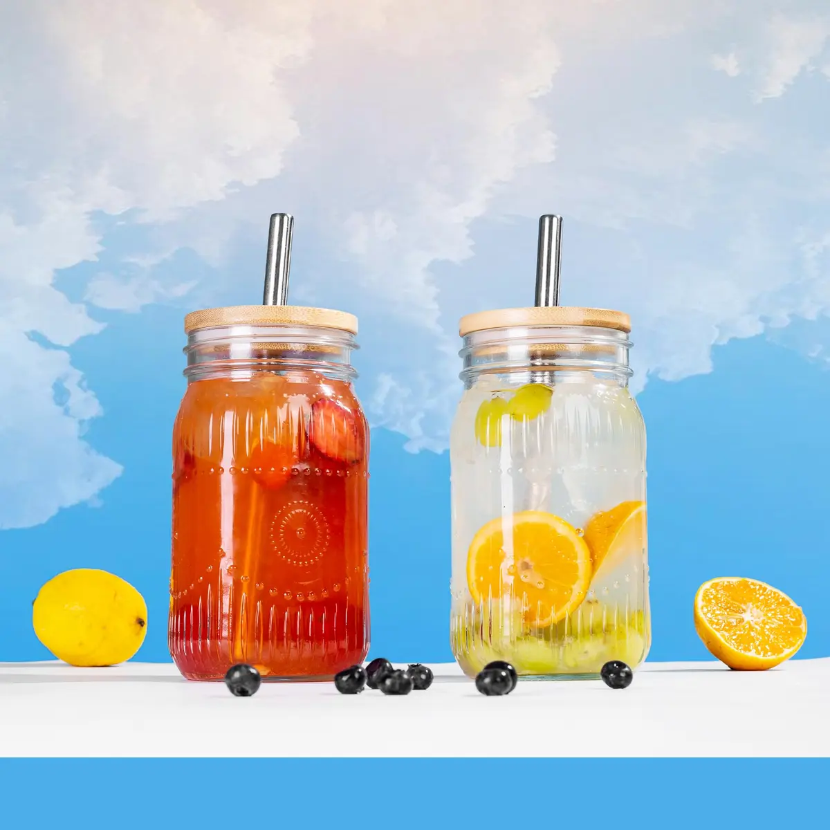 Amzcku 32oz Mason Jars with Bamboo Lids & Steel Straws | Vintage Wide Mouth Quart Cups - view 6